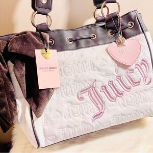 Juicy Couture White Dreamer Quilted Tote with Pink Heart Charm and Brown Trim